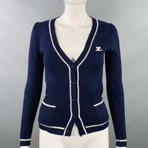 COURREGES Size S Navy White Ribbed V-Neck Cardigan